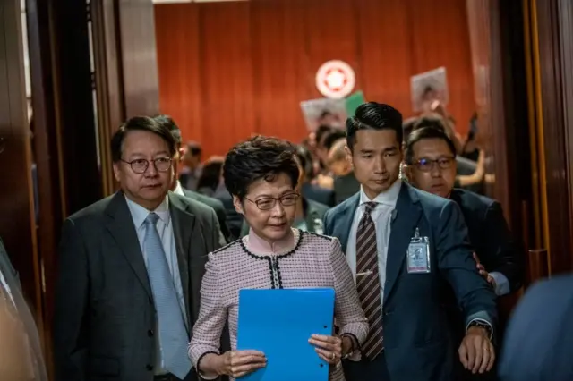 Carrie Lam is seen leaving the Chamber of the Legislative Council during the Chief Executive Policy Address in Hong Kong, China, October 16, 2019. Hong Kongs Chief Executive Carrie Lam Announced her policy Address today this is her third policy address in her term