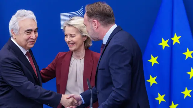 Фон дер Ляйен и Йоргенсен жмут руку главе IEA Фатиху Биролю на фоне флага ЕС