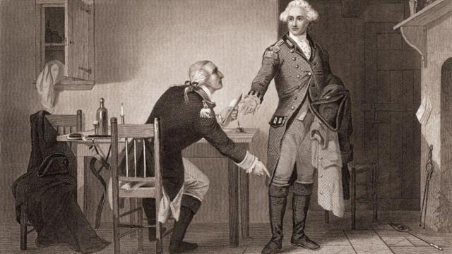 Офіцер американської армії Бенедикт Арнольд передає документи британському офіцеру Джону Андре під час війни за незалежність США