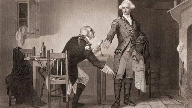 L'officier de l'armée américaine Benedict Arnold remettant des documents à l'officier britannique John André pendant la guerre d'indépendance américaine. 