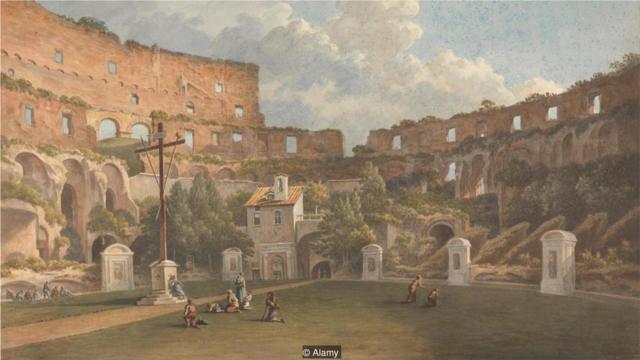 史密斯（John Warwick Smith）画出了19世纪早期罗马斗兽场（Colosseum）草木茂盛的样子，还添加了一些新建筑（Credit: Alamy）