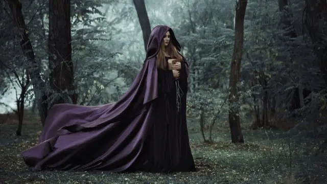Колдунья в черном плаще идет по лесу