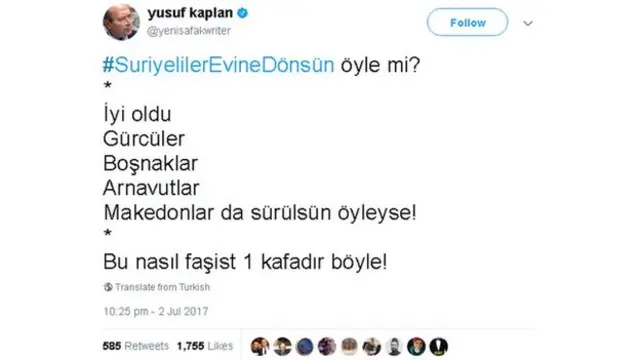 تغريدة حول هاشتاغ "يا سوريون عودوا إلى بلادكم" الذي انتشر في تركيا