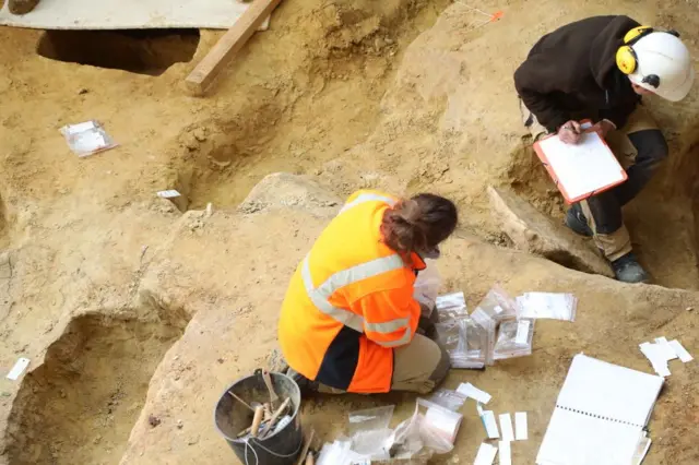 Dos trabajadores durante la excavación de 2023