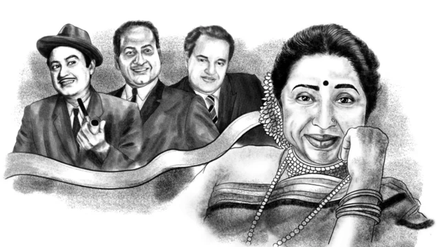 आशा भोसले, किशोर, रफ़ी और मुकेश का पोट्रेट