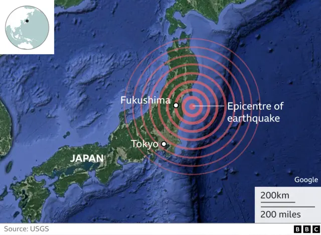 Map shows the location of Fukushima and Tokyo in Japan