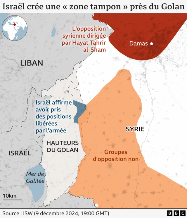 Carte montrant la localisation des forces rebelles en Syrie et la zone du Golan récemment occupée par Israël.