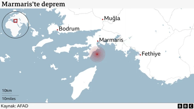 Marmaris'teki depremi gösteren harita