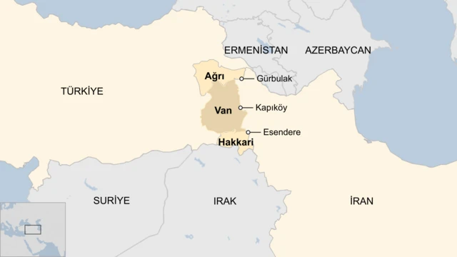 Türkiye ve İran arasındaki sınır kapılarını gösteren bir harita
