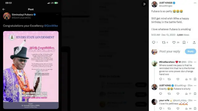 Aworan ọrọ ti awọn kan sọ nipa Fubara ati Wike ni Twitter