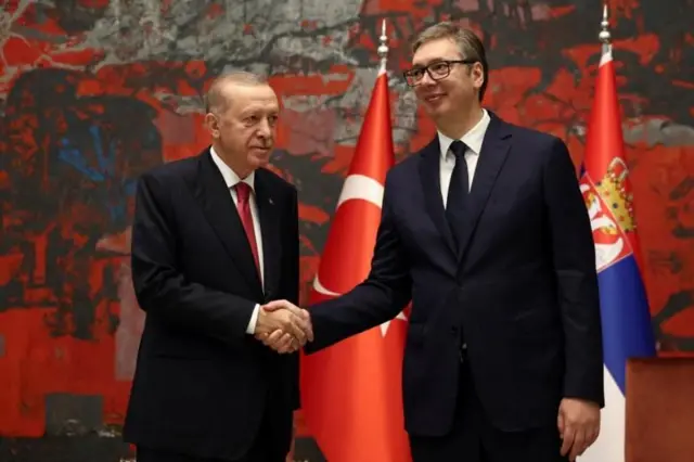 Erdoğan ve Vucic el sıkışıyor. 