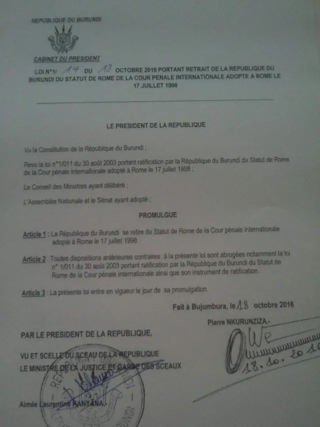 Barua iliotiwa saini na rais Nkurunziza kuiondoa Burundi katika ICC
