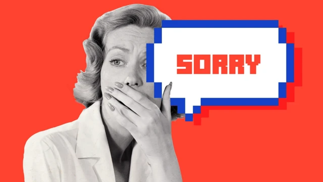 입을 막은 여성의 흑백 사진에 'sorry' 말풍선을 합성한 그래픽