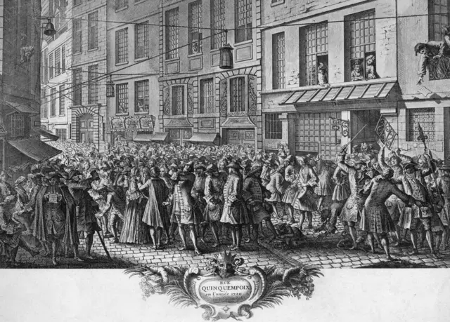 Ilustración de las escenas que se veían en la calle equivalente a Wall Street de París en el siglo XVIII, con gente peleándose por comprar acciones.