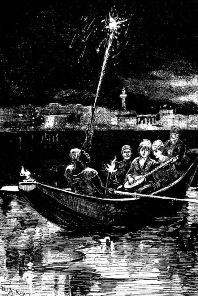 Kitapta yer alan, İstanbul'da eğlenen Rumları gösteren bir çizim. Karanlıkta bir kayıktaki bir grup insan eğleniyor.