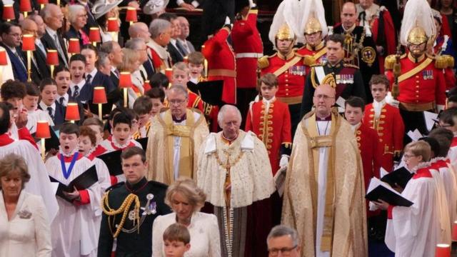 King Charles III (centre) during his coronation ceremony in Westminster Abbey, London. Picture date: Saturday May 6, 2023