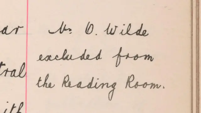 Fragment strony z zapisami Biblioteki Brytyjskiej z odręczną notatką: „Pan O. Wilde wykluczony z czytelni”