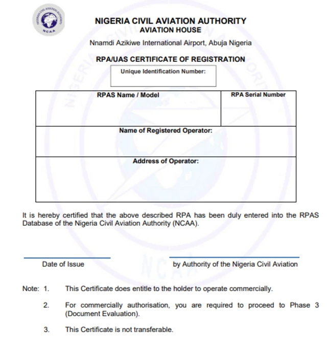 Sample of format of certificate to operate Remotely Piloted Aircraft (drone) for Nigeria