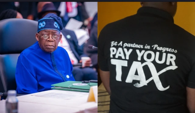 Ààrẹ Bola Tinubu wọ aṣọ olomi aro, de igo sójú ní apá òsì, aṣọ dúdú tí wọ́n kọ àkọ́lé san owó orí rẹ̀ wà ní apá òsì