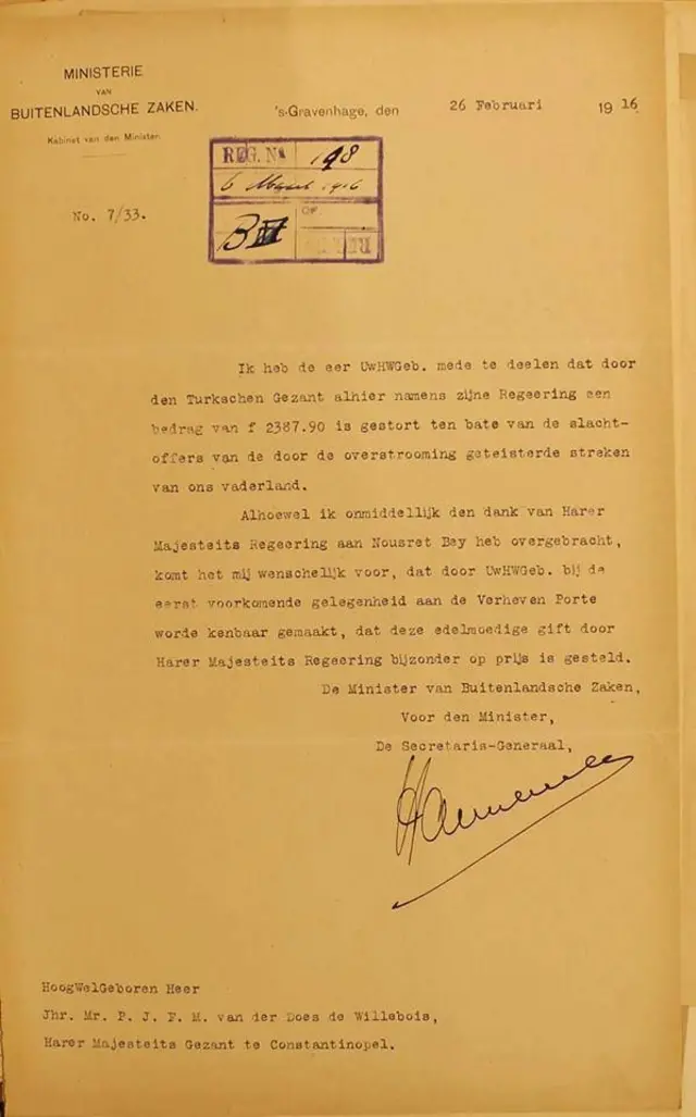 Hollanda arşivlerindeki yardım belgesi