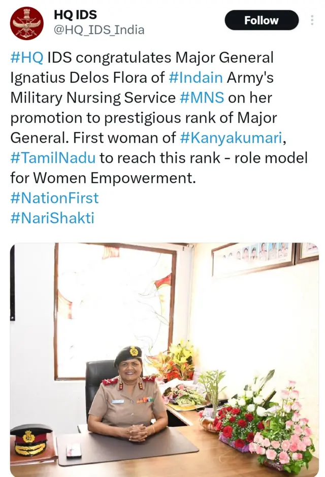 தமிழ்நாட்டிலிருந்து முப்படைகளுக்கு தலையான ராணுவத்தின் செவிலியர் பிரிவின் மேஜர் ஜெனரல் பதவிக்கு உயர்ந்திருக்கும் முதல் பெண் இக்னேசியஸ் டெலாஸ் புளோரா் ஆவார். 