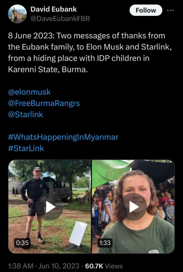 ကရင်နီပြည်နယ်မှာ စတားလင့်ခ် အသုံးပြုနိုင်ပြီ ဆိုတဲ့အကြောင်း Free Burma Rangers အဖွဲ့ခေါင်းဆောင် ဒေးဗစ်အွန်ဘက် ကလူမှုကွန်ရက်စာမျက်နှာက တဆင့်ထုတ်ပြော