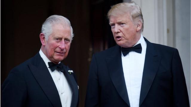 US President Donald Trump and Prince Charles, Prince of Wales pose ahead of a dinner at Winfield House on June 04, 2019