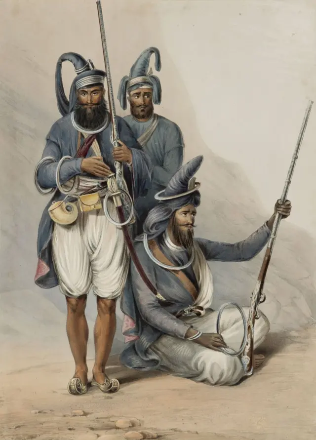अकाली निहंग योद्ध्यांचे 'ईडन' यांनी रेखाटलेले चित्र शीख सैन्यातील या विशिष्ट योद्धा गटाचे दर्शन घडवते. हे योद्धे त्यांच्या उंच पगड्या, निळे झगे आणि पोलादी फेक-शस्त्रांमुळे ओळखले जातात.