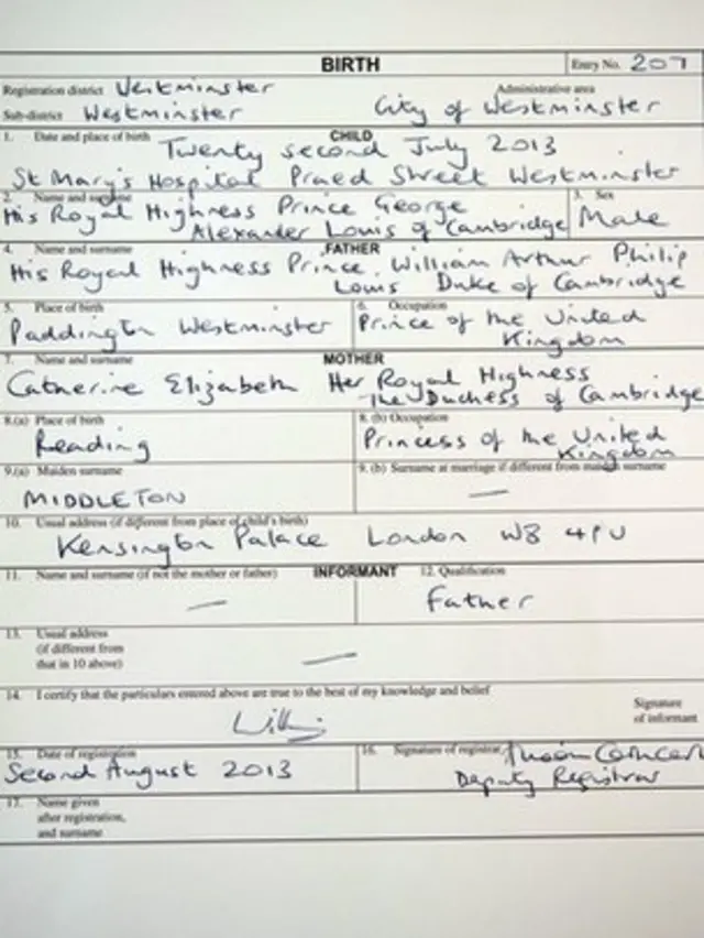Copy of the birth register for Prince George of Cambridge
