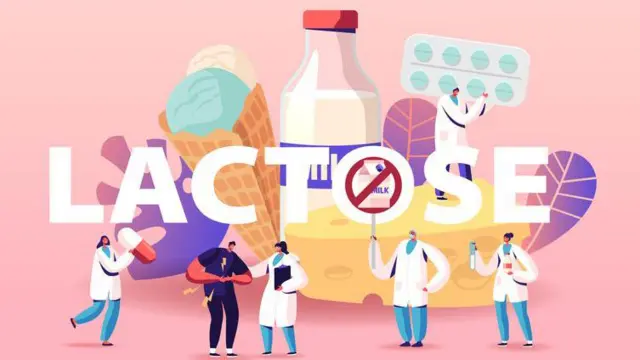 ইলাস্ট্রেশনের মাধ্যমে তৈরি করা কার্টুন জাতীয় ছবিতে ইংরেজিতে ল্যাকটোজ লেখা, পেছনে একটি আইসক্রিম ও দুধের বোতল এবং একজনের হাতে ওষুধের পাতা। সামনে একজন পুরুষ পেটে হাত দিয়ে ব্যাথার ভাব করছেন এবং তার একপাশে ডাক্তারের পোশাক পরা একজন এবং অন্যপাশে একই পোশাকের তিন জন