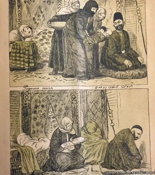 Caricatura de Azerbaiyán de 1909 que muestra la alegría de un padre cuando nace un niño y su decepción cuando nace una hija. Foto: gentileza Librería Nacional de Azerbaiyán