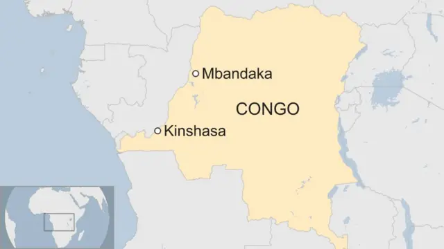 コンゴ民主共和国の地図。エボラ出血熱が確認されたムバンダカは同国北西部に位置し、首都キンシャサへ向かう交通の拠点にもなっている