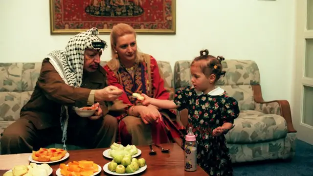 गज़ा में अपनी पत्नी सुहा और बेटी ज़ह्वा के साथ यासिर अराफ़ात