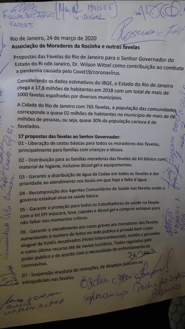 documento com uma lista de propostas de moradores de favelas ao governo para o combate ao coronavírus