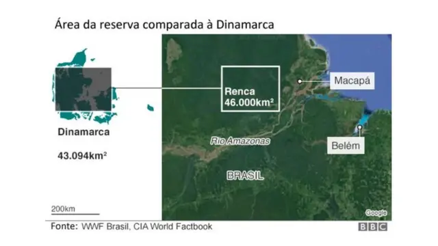 infográfico mostrando a localização e a área da Renca, extinta por Temer