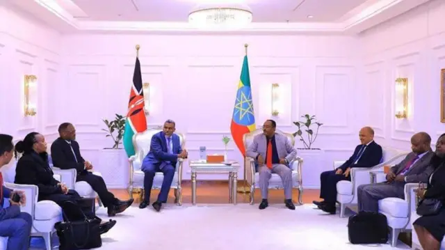 ከኢትዮጵያ ብሔራዊ መረጃና ደህንነት አገልግሎት ዳይሬክተር ጀነራል አምባሳደር ሬድዋን ሁሴን እና የኬንያ የብሔራዊ መረጃ አገልግሎት ዳይሬክተር ጀነራል ኑረዲን ሀጂ ውይይት ሲያደርጉ 