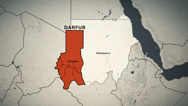 Ramani ikionyesha eneo la Darfur nchini Sudan iliyoainishwa na rangi nyekunde.