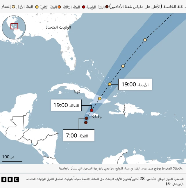 رسم توضيحي يبين المناطق التي ستتأثر بالعاصفة وموعد وصولها
