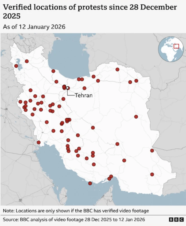 A map of Iran showing Verified locations of proetsts since 28 December 2025, as of 12 January 2026. The map highlights Tehran.