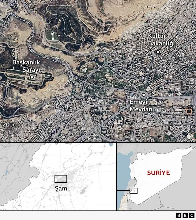 Şam'da önemli binaların yerini gösteren harita
