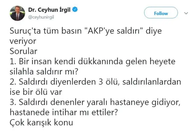 Ceyhun İrgil'in Twitter mesajı