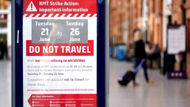 A sign alerting travellers to planned strike action at Nottingham Train Station, as members of the Rail, Maritime and Transport union begin their nationwide strike on 21 June 2022