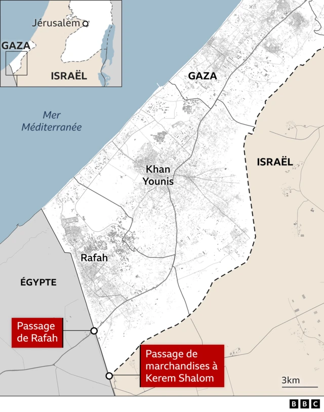 Carte montrant les points de passage de Rafah et de Kerem Shalom