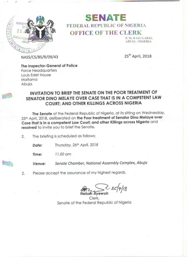 Letter from senate to Police