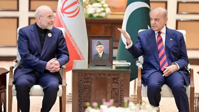 Глава иранской делегации Мохаммад-Багер Галибаф (слева) во время встречи с премьер-министром Пакистана Шехбазом Шарифом