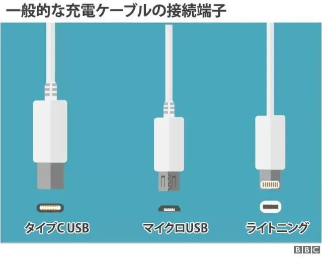 USBタイプC、マイクロUSB、ライトニングの端子の形を示した図