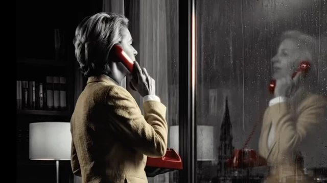 Женщина с&nbsp;красным настольным телефоном в&nbsp;руке стоит перед окном и&nbsp;отражается в&nbsp;нем