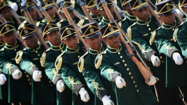 Qaar ka mid ah ciidamada ilaalada qaranka ee Koonfur Afrika ayaa soo dhaweeyay Ra'iisul Wasaaraha Jarmalka Angela Merkel oo booqatay magaalada Pretoria, 6 February 2020