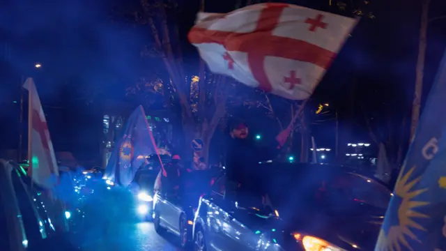 A group of Georgian Dream Party supporters waving flags.