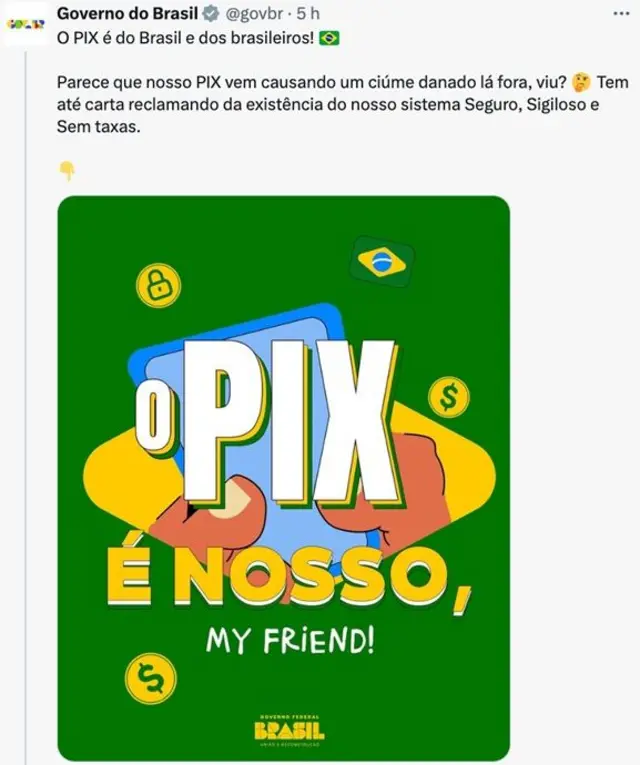 Postagem no X (antigo Twitter) aborda o fato de os EUA terem aberto uma investigação sobre o funcionamento do Pix